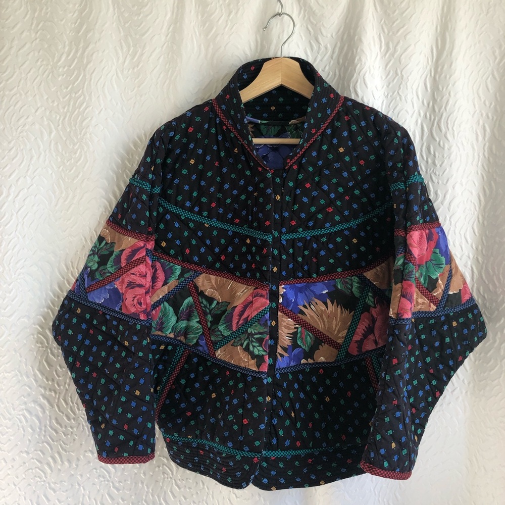 Handmade Women’s Quilted Black Neutral Tone Floral Pattern Batwing Bomber Jacket